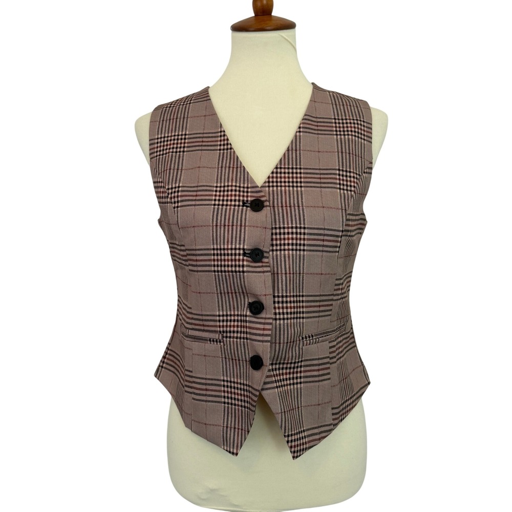 Plaid V Neck Sleeveless Vest Blazer Tailored Fit Women's Size S‎ Academia